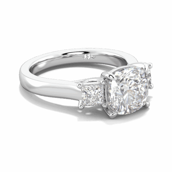 Marigold 7 5 Angled White Gold Moissanite Cushion Cut 4 Prong Crossover Trilogy Ring