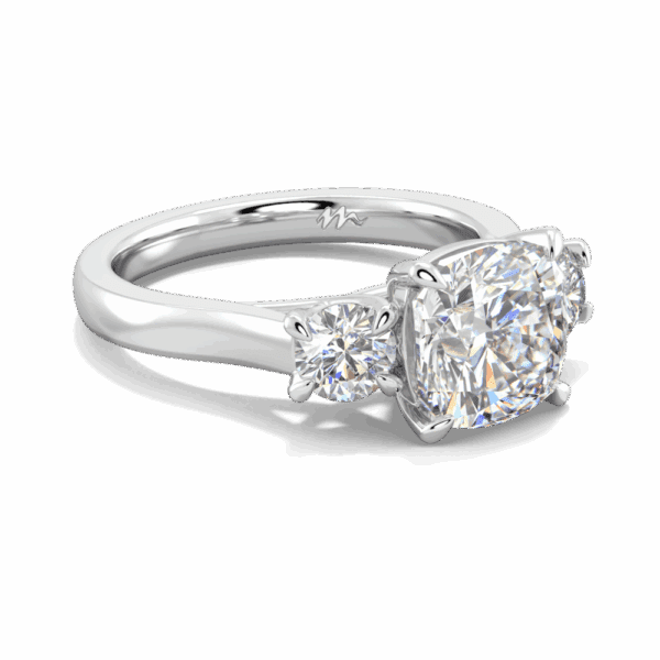 Meghan 7 5 Angled White Gold Moissanite Cushion Prong Set Crossover Trilogy Ring