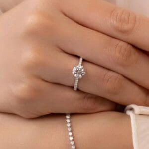 Model Wears Amelia 1 22Ct White Gold Lab Grown Diamond Protea Floral Basket Graduating Band Engagement Ring Blog Post