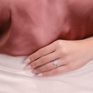 Model Wears Victoria Round 8 0 White Gold Diamond Micro Pave Half Band Tiffany Setting Engagement Ring