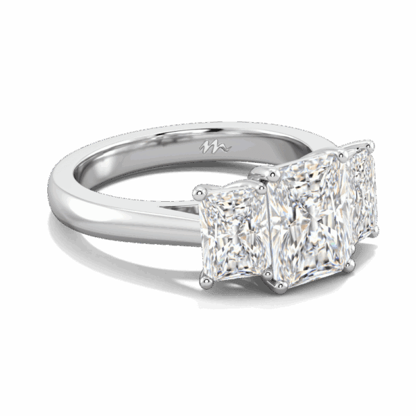 Roxanne Radiant 8X6 Angled White Gold Moissanite Prong Set Plain Band Trilogy Ring