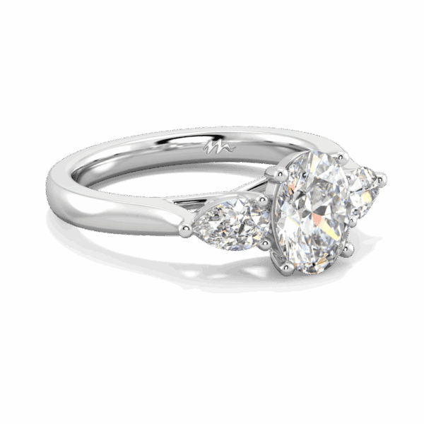Tara Oval 8X6 Angled White Gold Moissanite Pear Side Stones Crossover Gallery Trilogy Ring