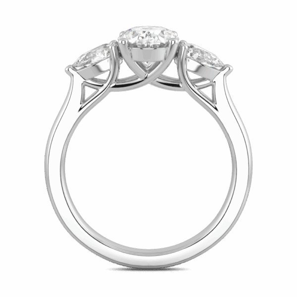 Tara Oval 8X6 Side White Gold Moissanite Pear Side Stones Crossover Gallery Trilogy Ring