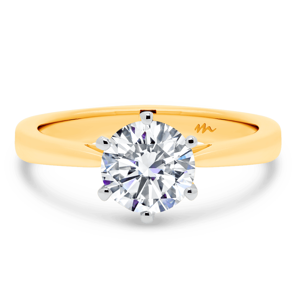 Taylor 7 0 Front Yellow Gold Moissanite 6 Prong A Flat Tapered Band Solitaire Ring