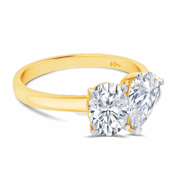 Abrielle 9X6 Angled Yellow Gold Moissanite Oval Pear Toi Et Moi Engagement Ring