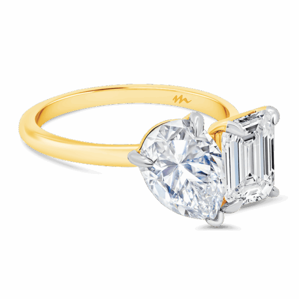 Annette 9X6 Angled Yellow Gold Moissanite Emerald Pear Cut Toi Et Moi Engagement Ring
