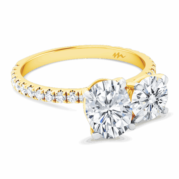 Blanche 8X6 Angled Yellow Gold Moissanite Round Oval Cut Prong Set Toi Et Moi Engagement Ring