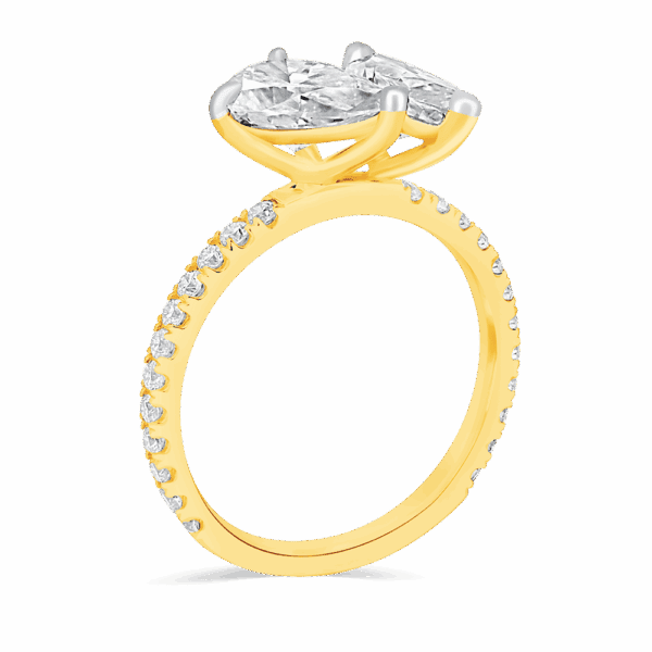Claudette 10X5 Angled Yellow Gold Moissanite Marquise Pear Cut Prong Set Toi Et Moi Engagement Ring