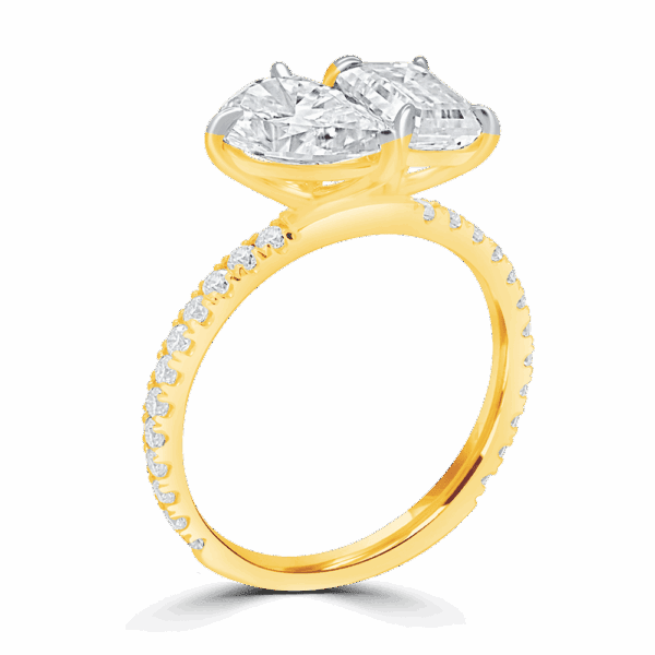 Esme 9X6 Angled Yellow Gold Moissanite Emerald Pear Cut Prong Set Toi Et Moi Engagement Ring