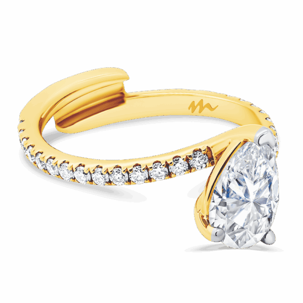 Florette 9X6 Angled Yellow Gold Moissanite Pear Cut Interlocking Prong Set Toi Et Moi Engagement Ring