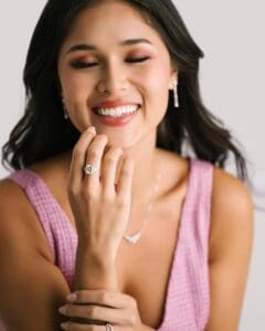 Model Is Wearing Harper 9.0, Aubrey Emerald 10X8, Gracie 2.5, Florie, Isla Pear, And Josefina Jewelry Pieces.