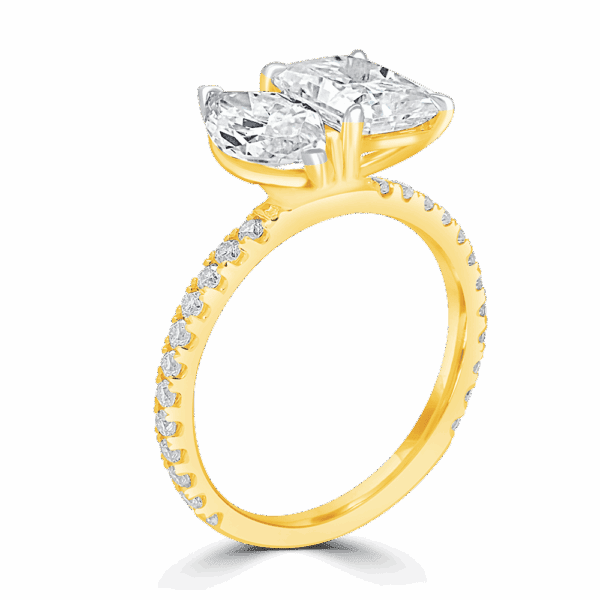 Mallory 10X5 Angled Yellow Gold Radiant Marquise Moissanite Prong Set Toi Et Moi Engagement Ring