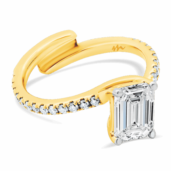 Odette 8X6 Angled Yellow Gold Emerald Moissanite Interlocking Prong Set Toi Et Moi Engagement Ring